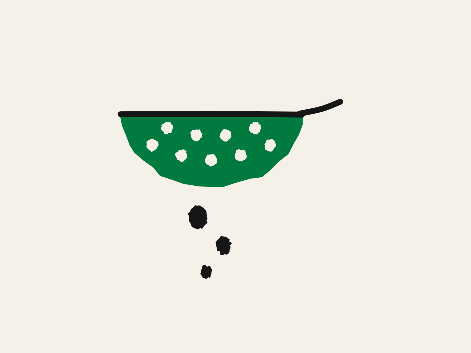 A green cut-paper kitchen sieve with holes punched through it and three black drops falling out beneath it, standing for a block that catches some things and lets others through.