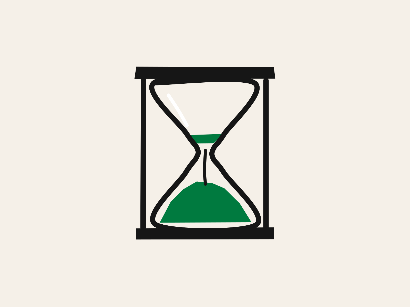 A green cut-paper hourglass in a black frame with a small pile of green sand left in the top and most of it already in the bottom, standing for a school day squeezed into two hours of software and what the sand cannot measure.