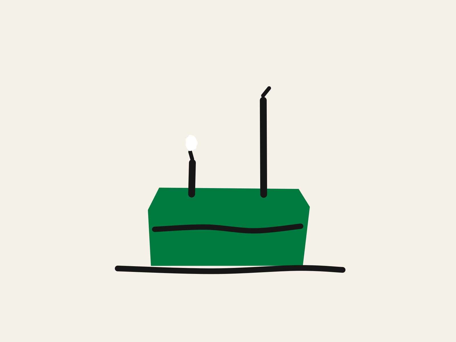 A cut-paper green birthday cake carrying two black candles of very different heights, the short one lit and the tall one unlit, standing for the age a child types into an app and the age they actually are.