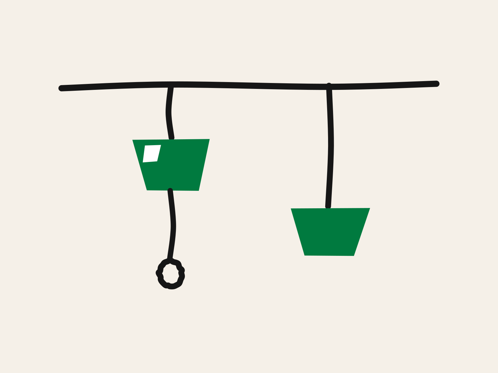Two green cut-paper pendant lampshades hanging from black ceiling cords, the left one with a long black pull cord and ring below it and a small white highlight on the shade, the right one hanging lower with nothing to pull, standing for the AI on a child's phone that can be switched off and the AI that cannot.