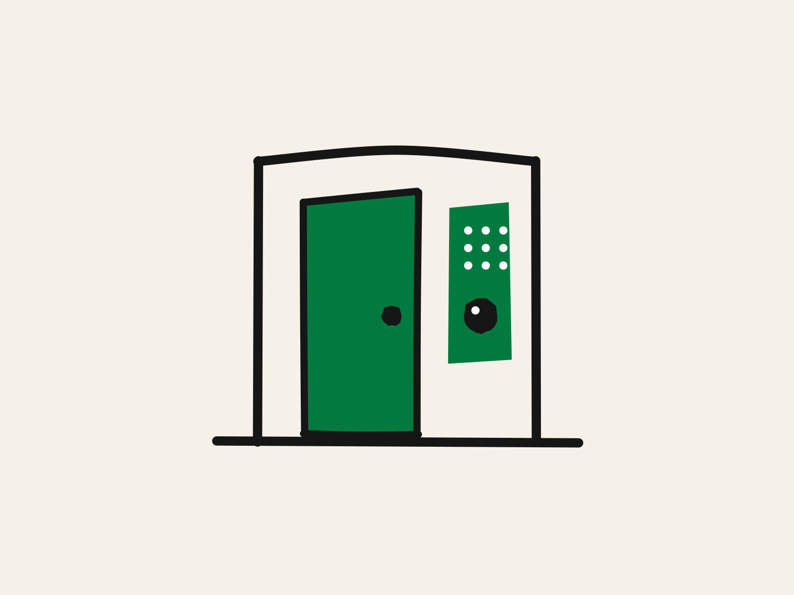 A green cut-paper door standing slightly ajar in a black doorframe, with a green entry panel beside it carrying nine white dots and one round black button, standing for a company deciding who it lets in.