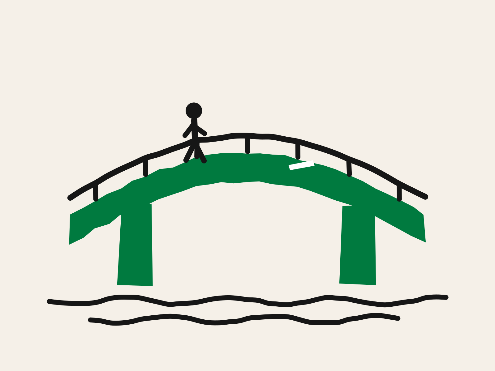 A cut-paper green bridge with a small black figure walking across it, standing for a parent crossing from the outside of a school to an honest view of what happens inside.