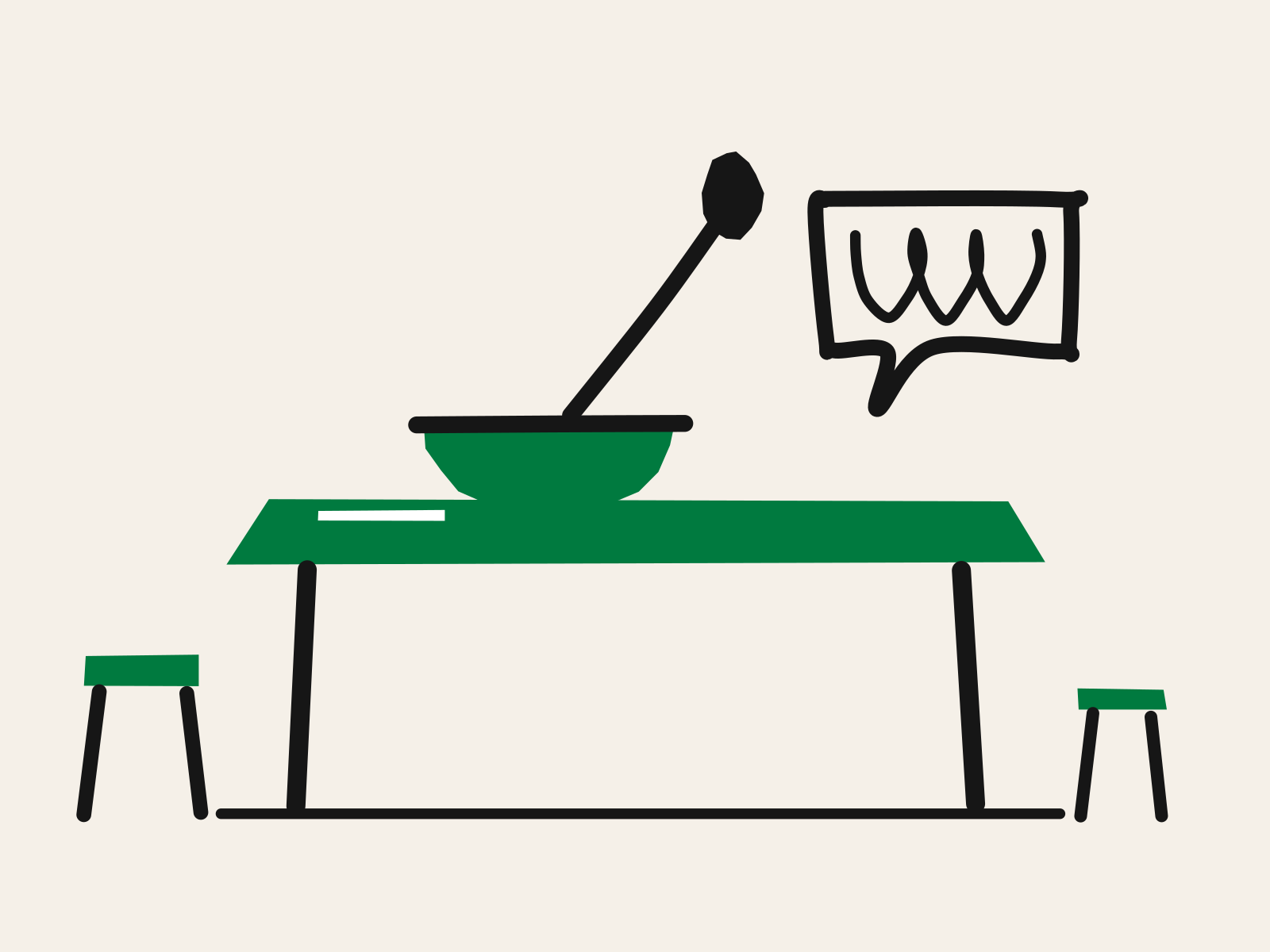 A green cut-paper kitchen table with a green bowl and a black wooden spoon standing in it, a tall stool and a small stool beside it, and a black speech bubble with a scribble rising above, standing for a parent and child making something together with the idea coming from the child.