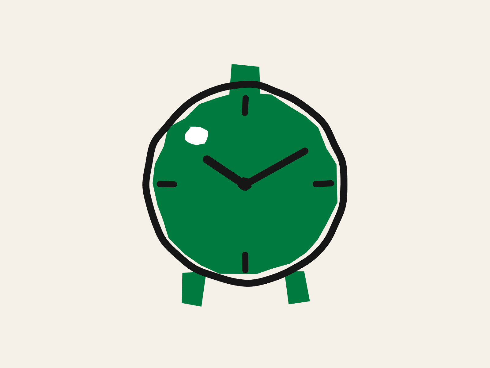 A cut-paper green kitchen clock with a thick black rim, two black hands and four hour marks, standing for new rules that are written now but do not start until a date still ahead.