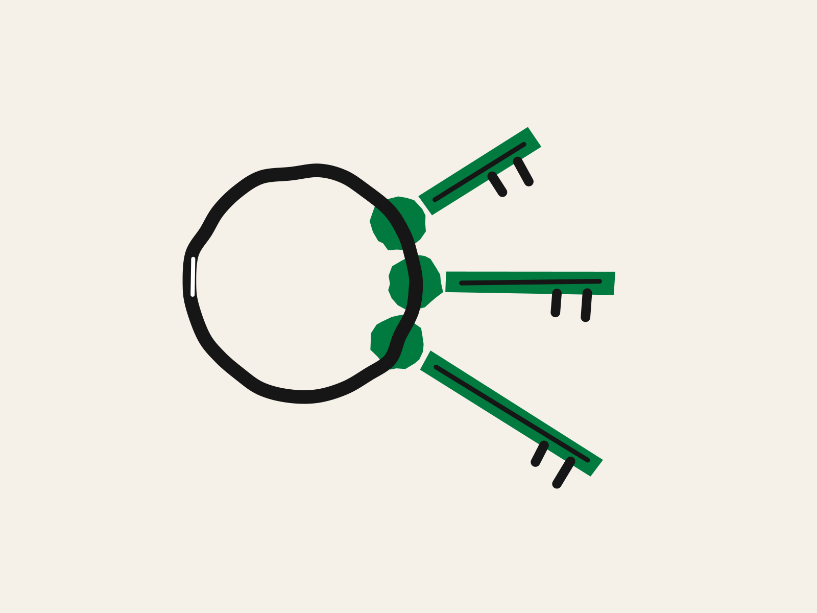 A green cut-paper key ring holding three keys of increasing length, the thick black ring passing through each key head, standing for the permissions a parent hands over one at a time as a child grows.