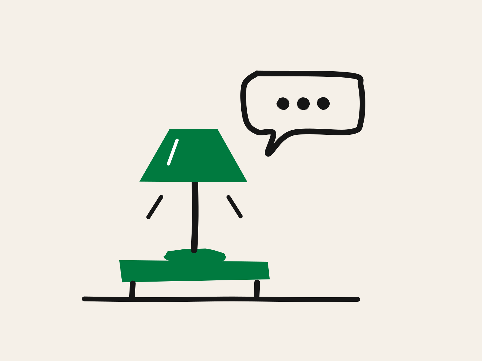 A green cut-paper bedside lamp with a white highlight on its shade, standing on a green table above a black floor line, with a black speech bubble holding three dots beside it, standing for a chat that goes on after the lights are low.