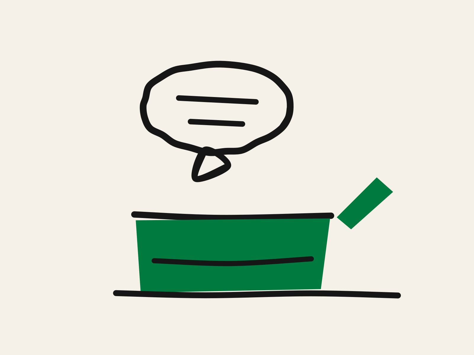 A green cut-paper toy box standing open on a black floor line with its lid set aside, and a black speech bubble rising out of the opening, standing for a conversation coming out of the place where a child's play is kept.