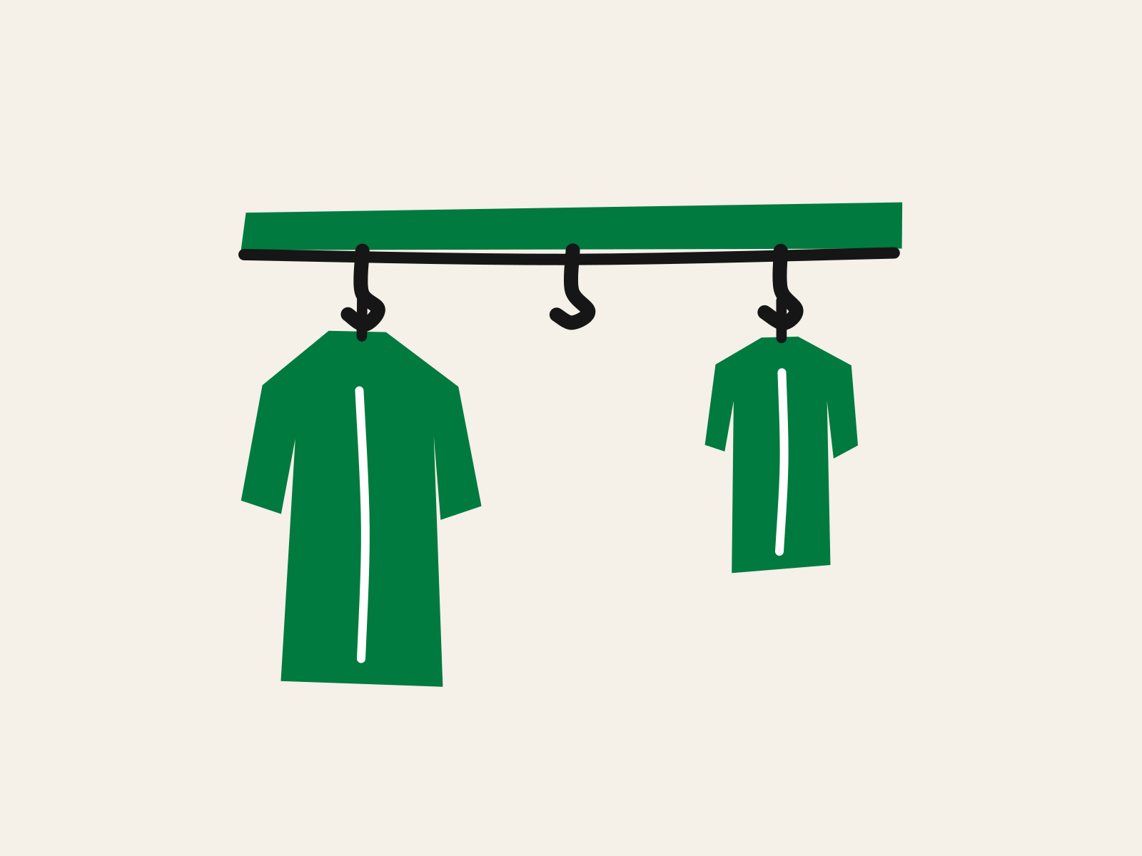 A cut-paper green coat rail with three black hooks, a tall coat and a small coat hanging on the outer two and the middle hook left bare, standing for a school pastoral system with a person missing from it.