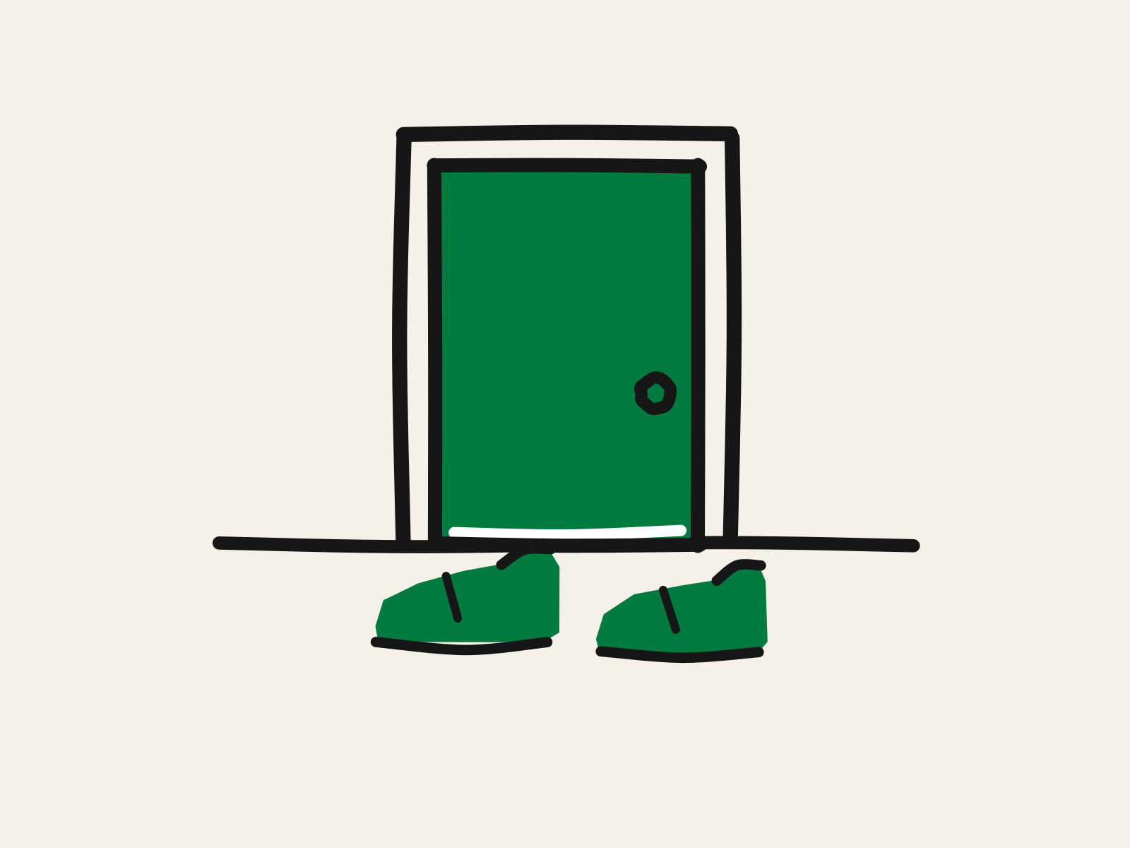 A cut-paper green door standing closed in a black frame with a thin white line of light beneath it, and a pair of small green shoes on the floor outside, standing for a child in a room a parent cannot see into.