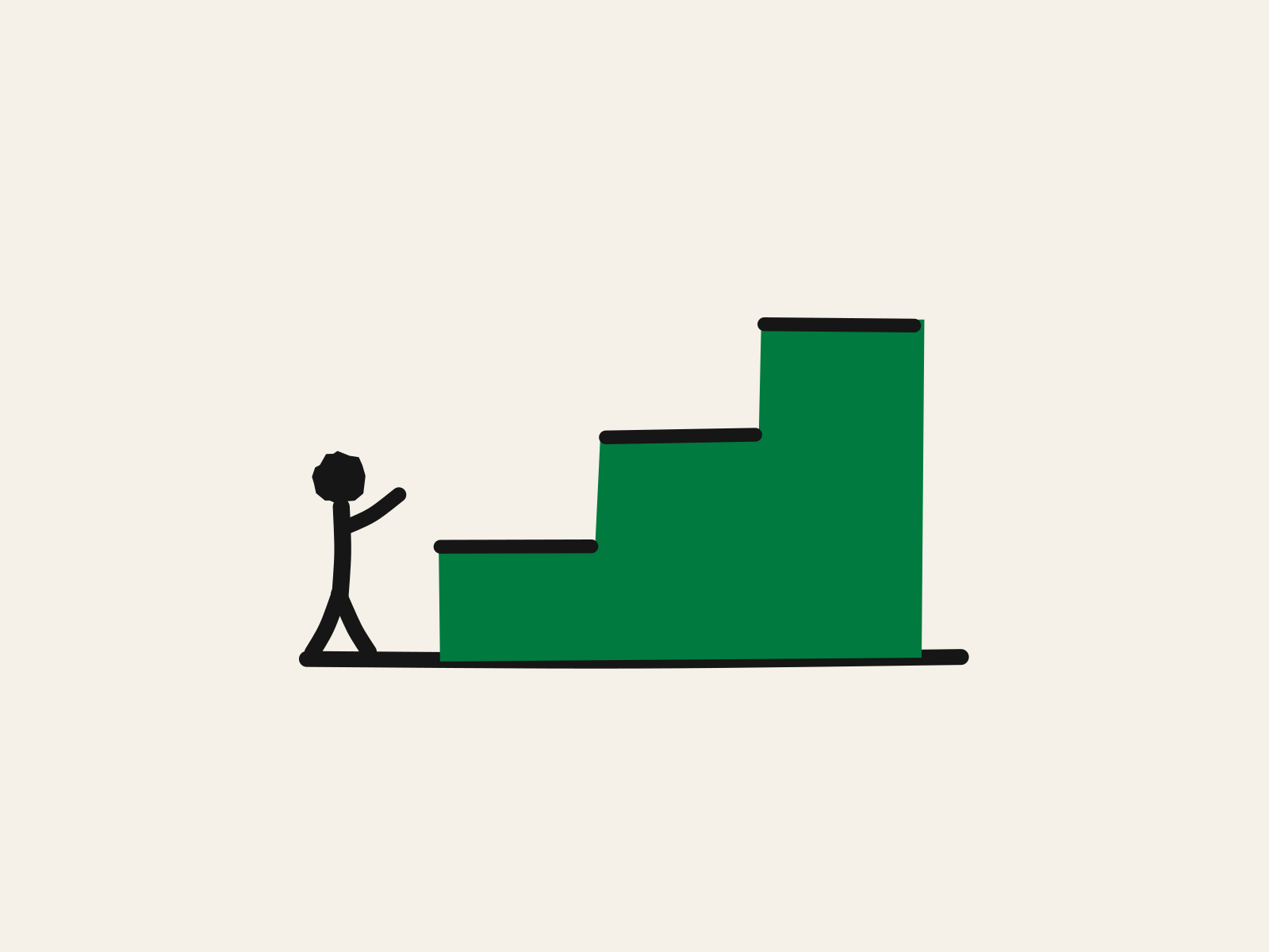A small cut-paper figure stands at the foot of three rising green steps with one arm raised toward them, standing for the age staircase the European Commission has proposed for children online.
