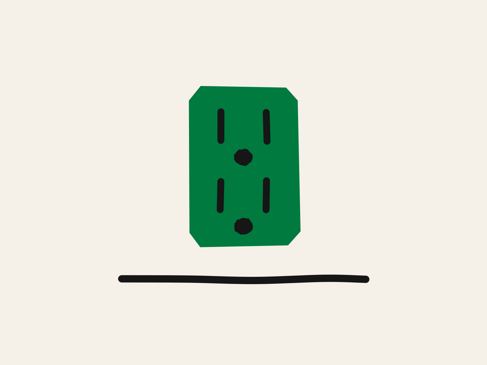 A green wall socket set above a black skirting line, standing for a technology already built into the house rather than one carried in.