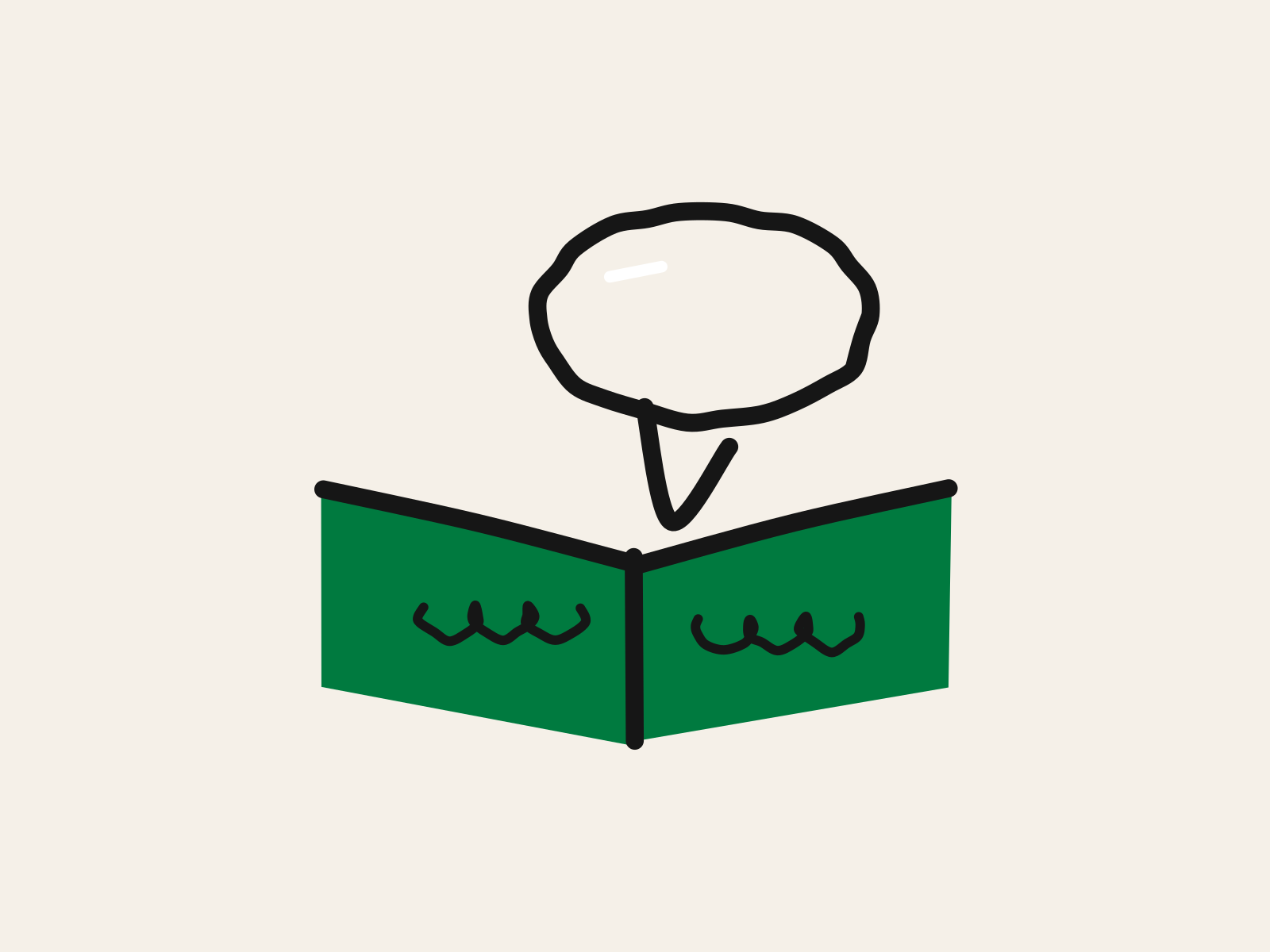 A cut-paper green open book with two short black scribble marks on its pages and a black speech bubble rising from the spine, standing for the part of reading that only works when the sound comes out of the child.