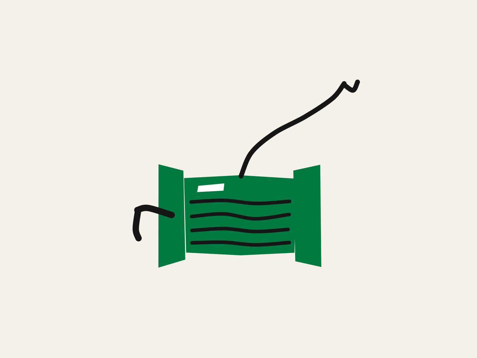 A green cut-paper reel with a black crank at its side, the string wound thick in layers around the middle and a single line paying out and rising away, standing for how much of what a child sends out is still held on the spool.