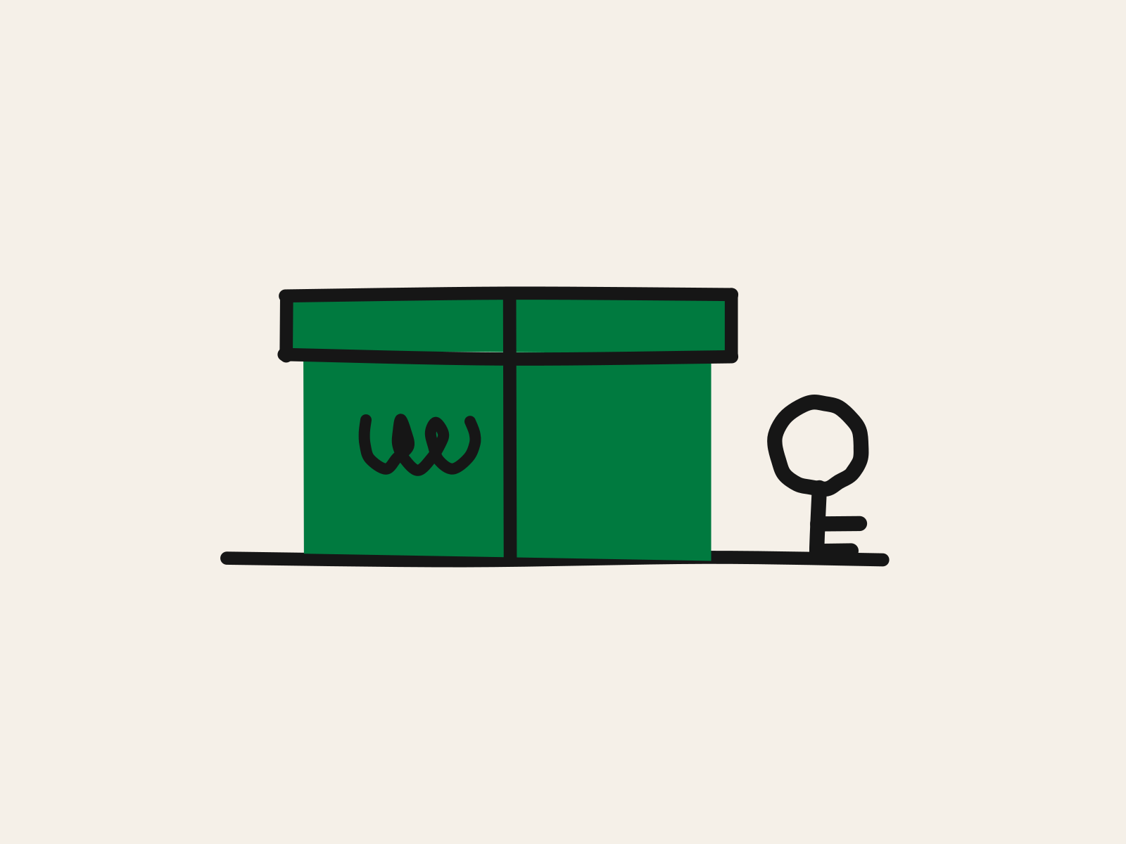 A green cut-paper box with its lid on and a black tape line down the middle, and a large black key standing beside it, standing for chats packed up while the family decides what to keep.