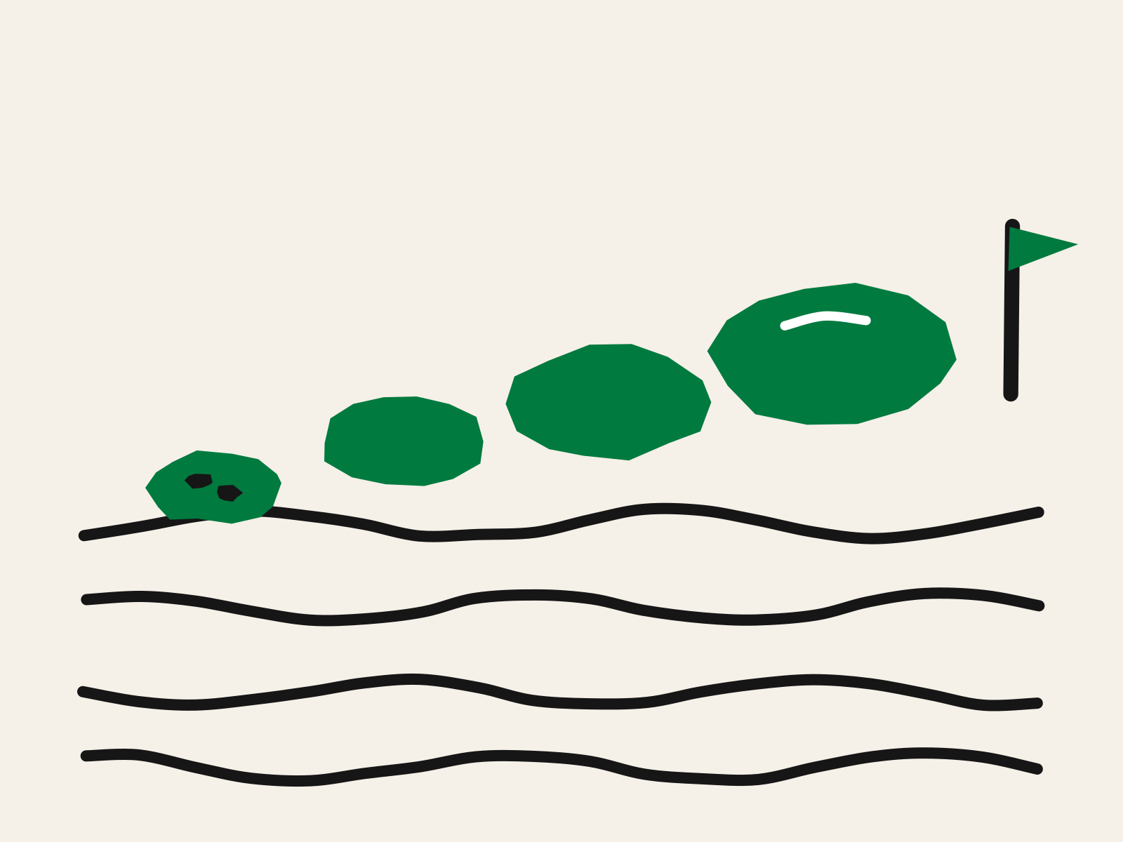 Four green cut-paper stepping stones growing larger across a stream of black wavy lines, with two small black footprints on the first stone and a black post with a green flag on the far bank, standing for a child crossing at their own pace rather than at a fixed age.