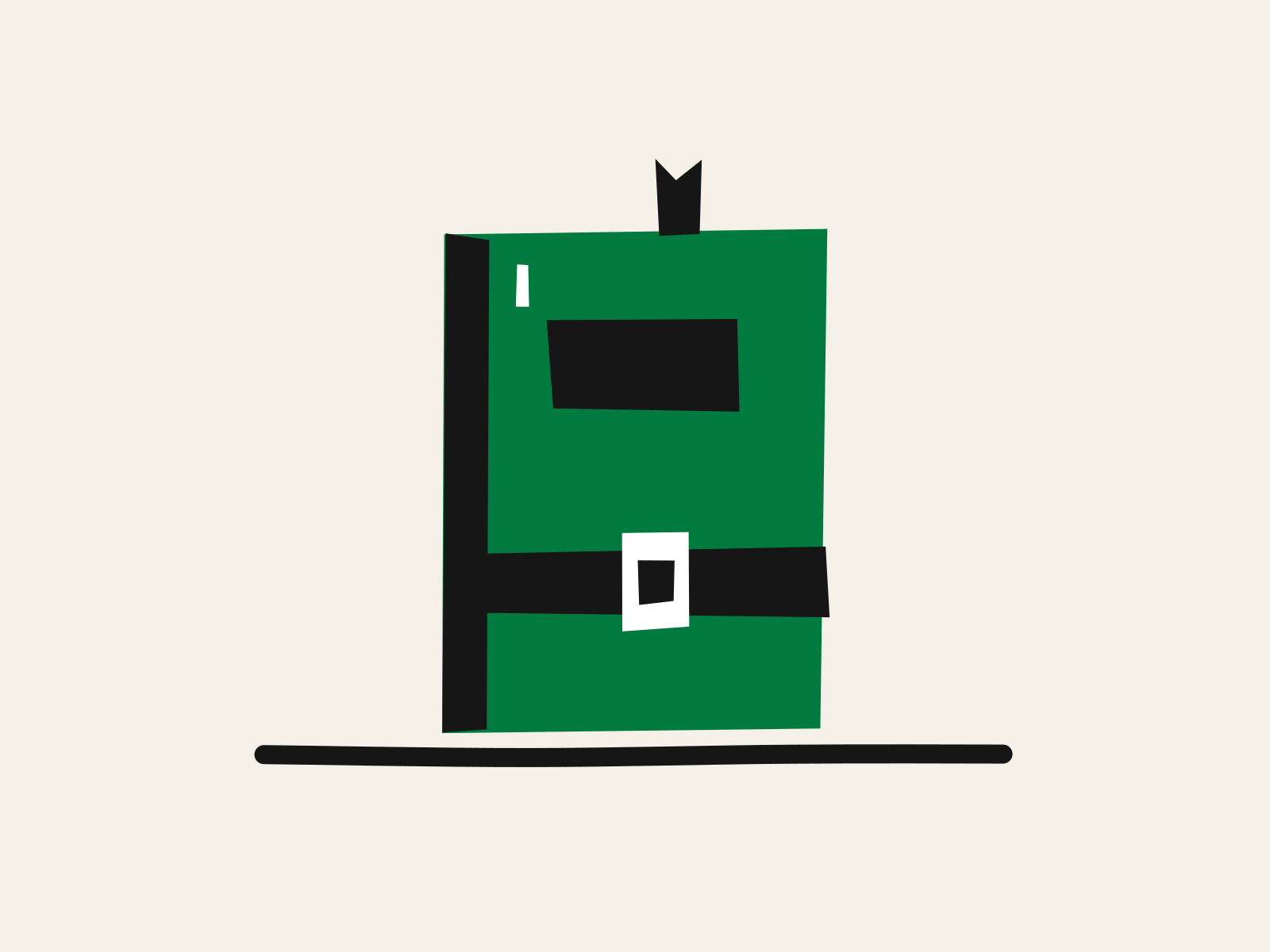 A green cut-paper book standing on a black shelf line with a blank black label on its cover, a black buckled strap fastened across it and a black ribbon bookmark above, standing for the topic a parent can see on a book they cannot open.