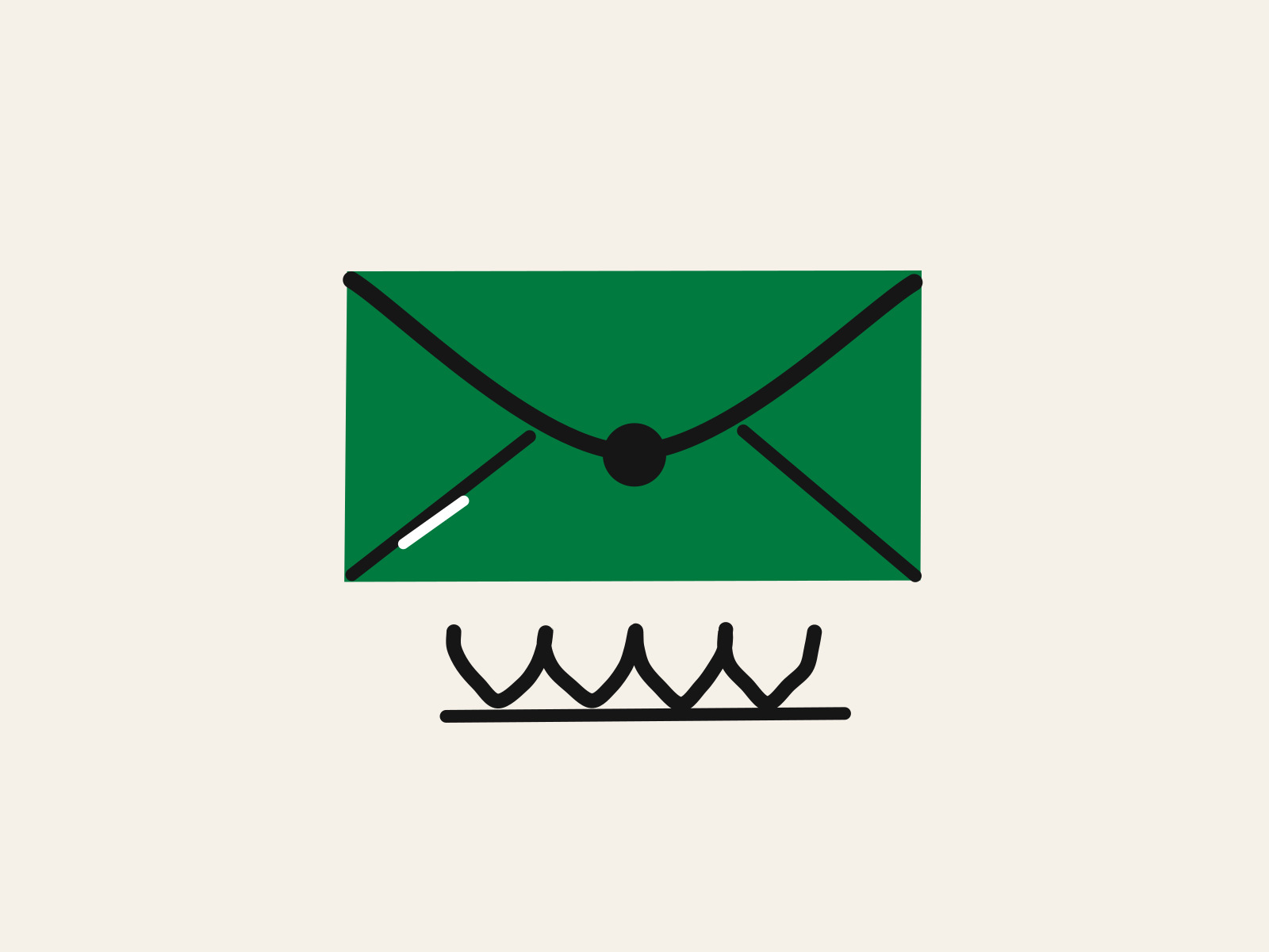A green cut-paper envelope with a black flap line and a round black seal, a looping black signature line drawn beneath it, standing for an application sent under a teenager's own name and words.