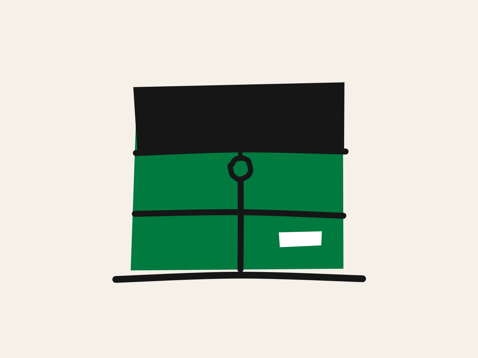 A green cut-paper window with a black roller blind pulled down over its upper half and a small pull ring hanging from the blind's edge, the lower panes left clear above a black sill, standing for the part of a child's online life a school can see and the part it cannot.