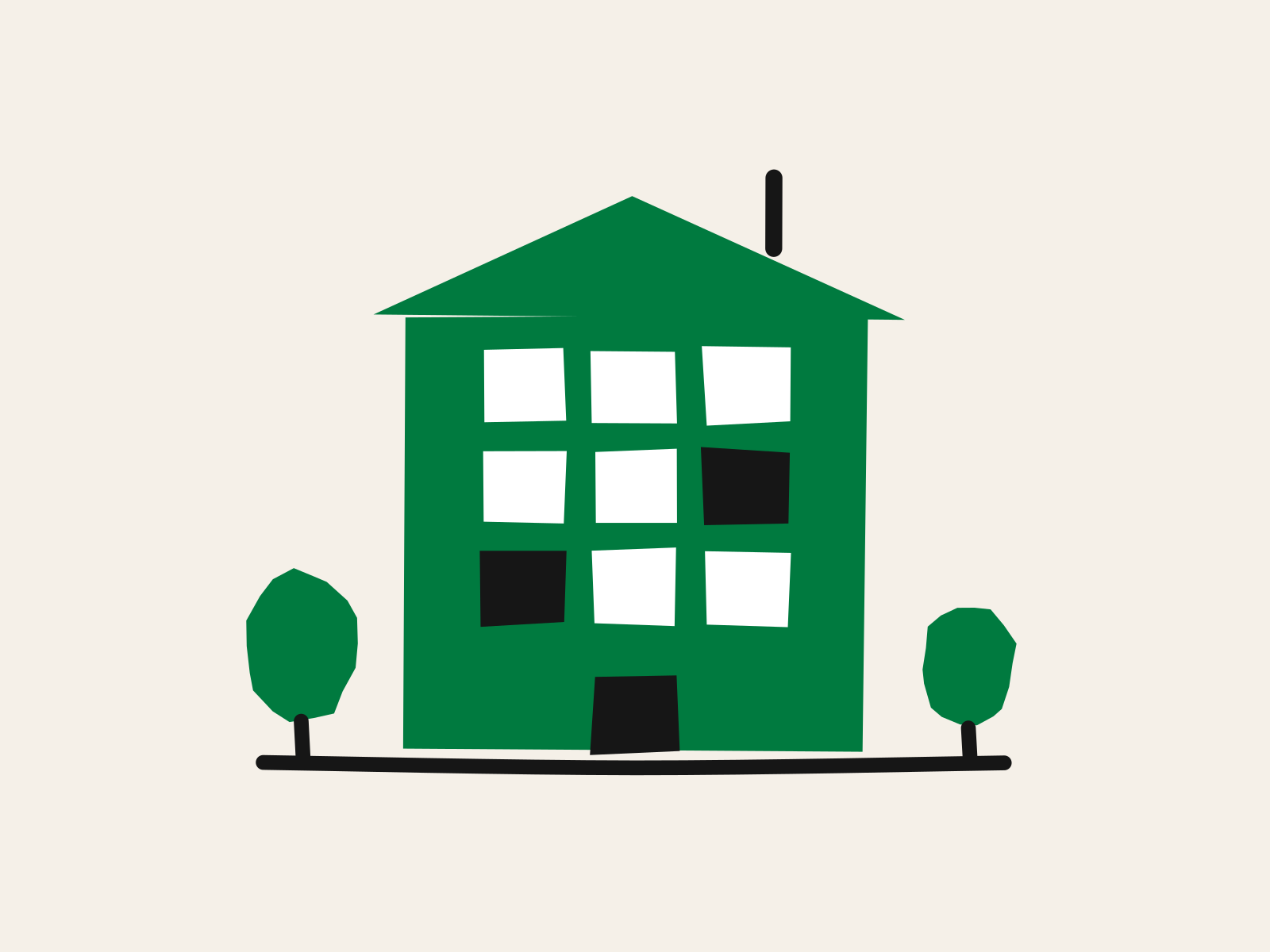 A green cut-paper apartment building with a roof and chimney, most of its windows lit white and two dark, with a small tree on each side, standing for most but not all homes where children use AI.