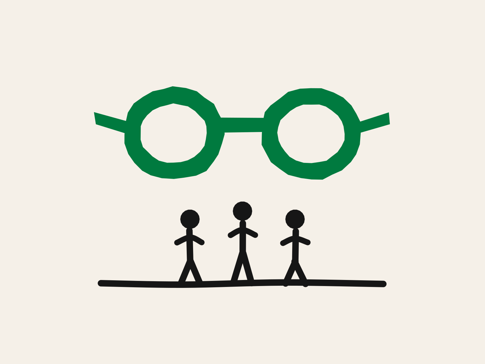 A green cut-paper pair of round glasses floating above a black floor line, with three small black figures standing in a row beneath them, standing for the other people who end up in the picture whether or not they know.