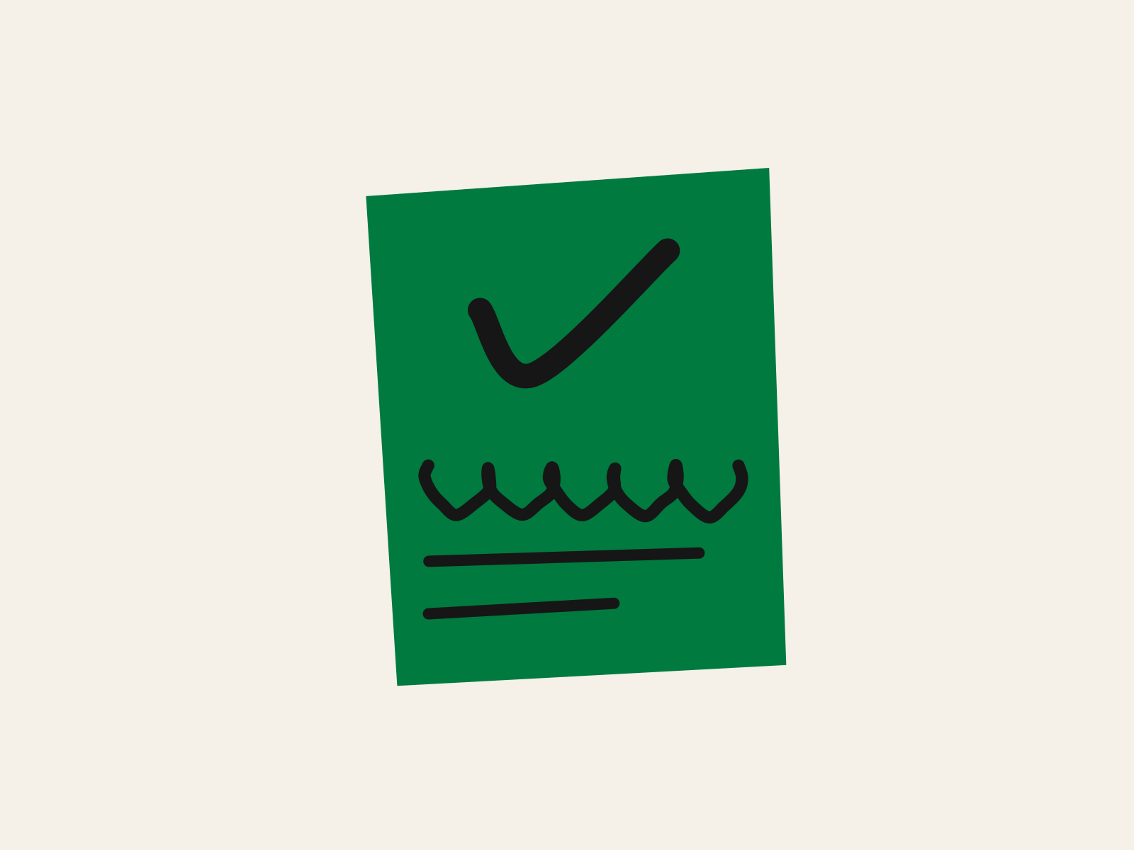 A green cut-paper sheet of schoolwork, tilted, with one bold black check mark above a scribbled line of handwriting and two shorter written lines, standing for the grade a teacher decides and the comment a tool may help write.