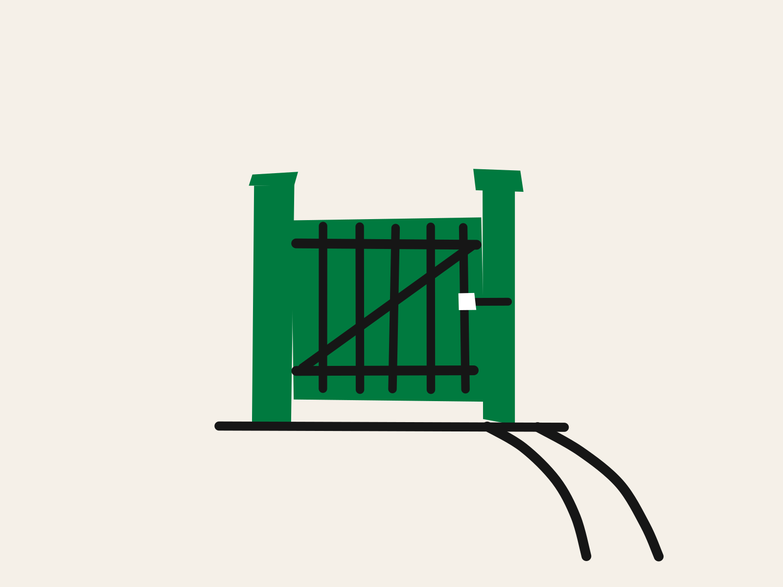 A cut-paper green garden gate standing closed with no fence on either side, and a worn black path curving around one gatepost and away, standing for a school rule that the traffic simply goes around.