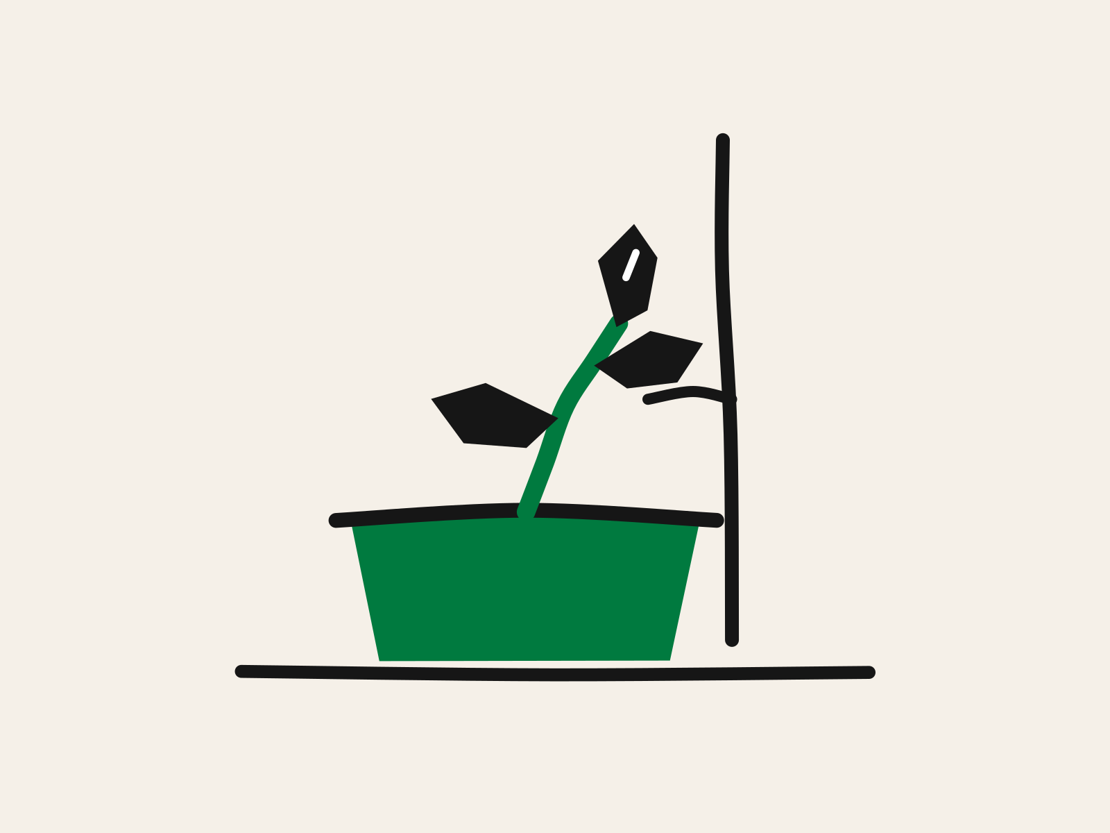 A green cut-paper plant pot on a black floor line with a green sapling and three black leaves growing from it, beside a tall black garden cane tied to the stem and rising well above the plant, standing for support given now for growth whose final shape nobody can see yet.