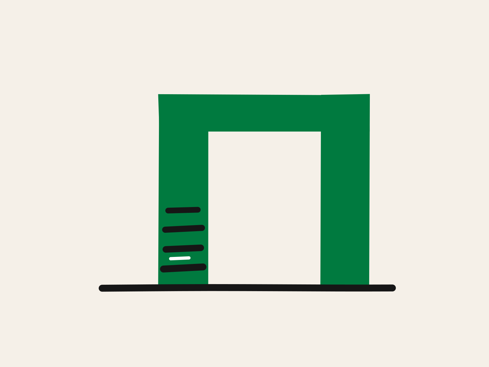 A green cut-paper doorframe standing on a black floor line, with four black pencil height marks and one fainter white one low on the left post, standing for the early years measured against how much of the frame is still above them.