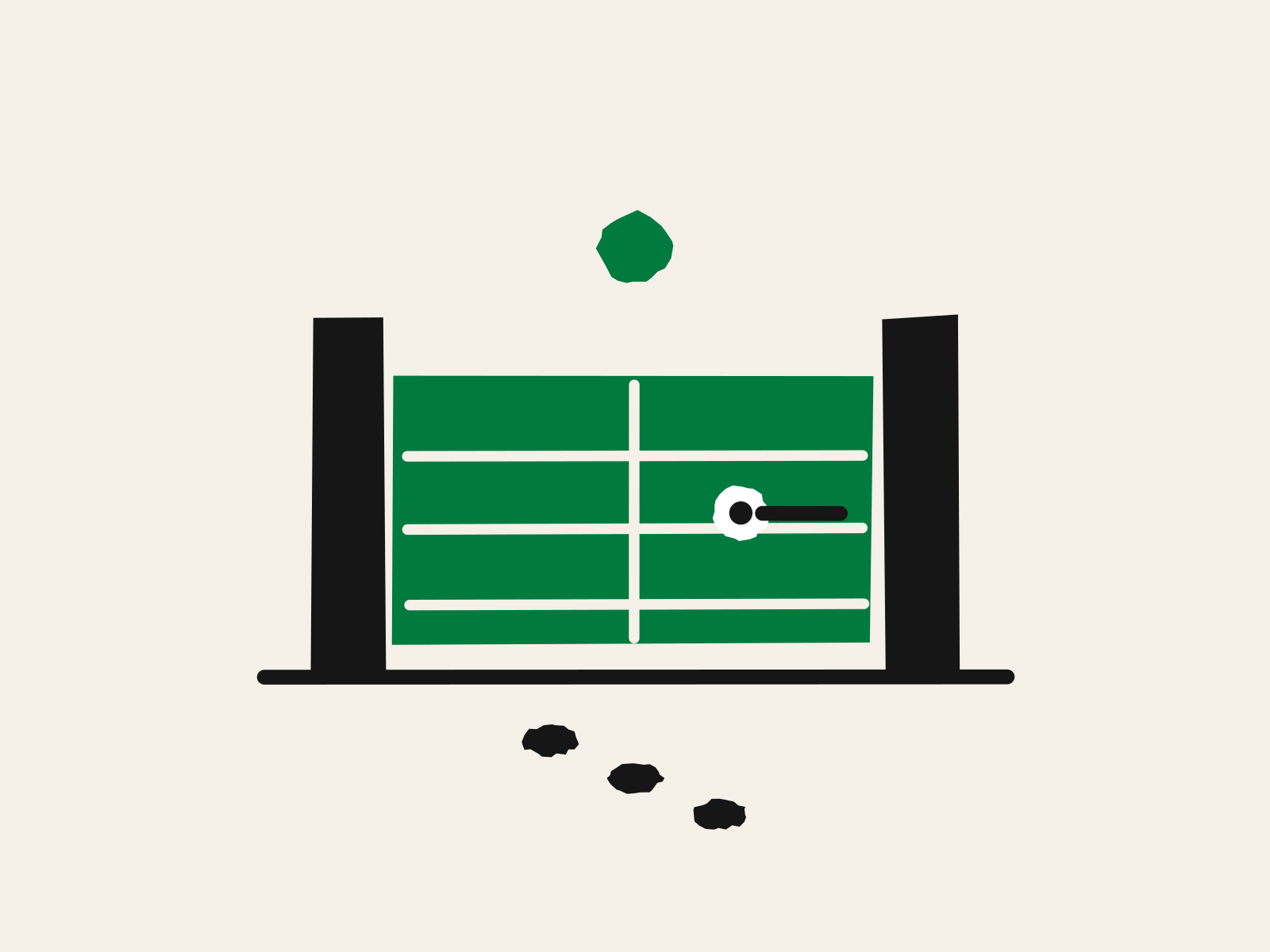 A green cut-paper garden gate between two black posts with a white latch, and three black stepping marks leading toward it, standing for a boundary companies must now build in around children.