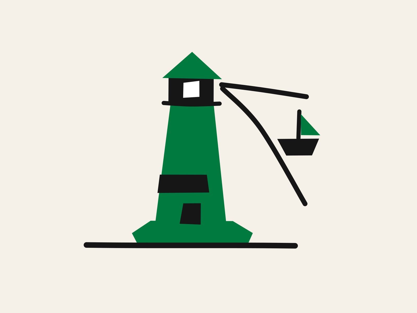 A green cut-paper lighthouse with a black lantern and white lit window, two black beam lines reaching out around a small black sailboat, standing for the teacher who steers while the tools help.