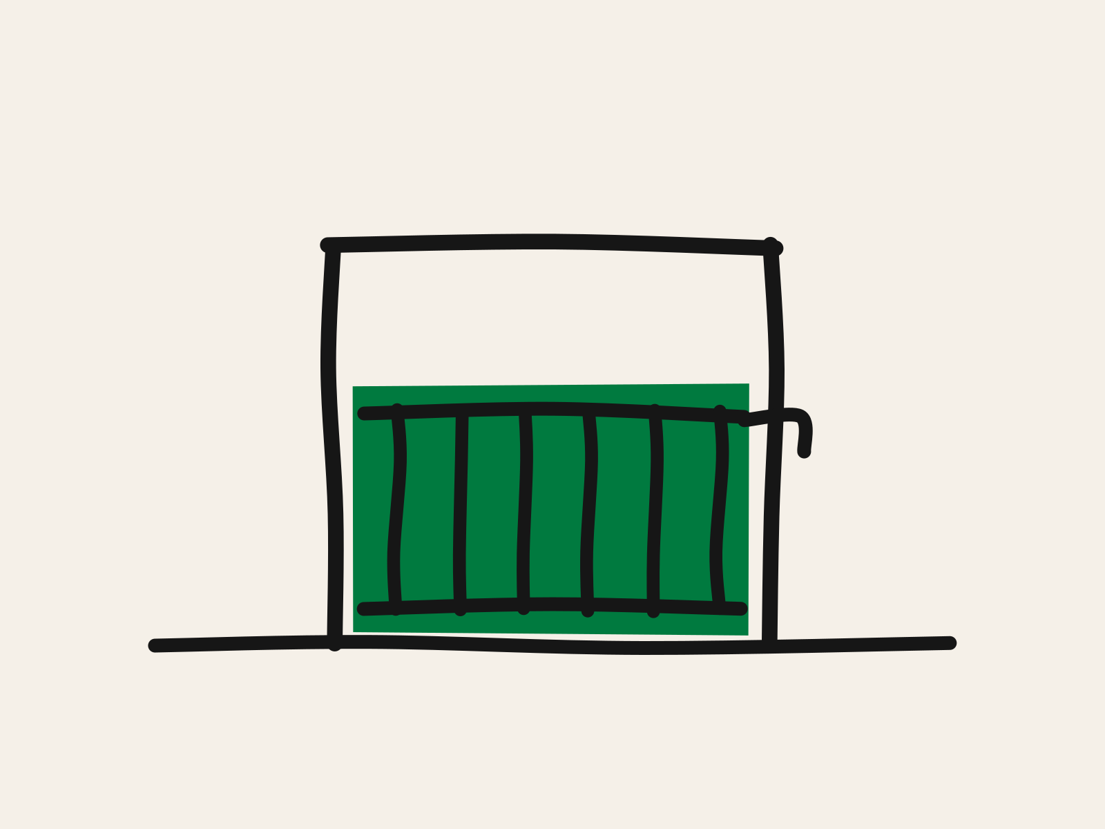 A green cut-paper safety gate with black bars and a latch, fitted across the lower half of a black doorframe, standing for a protection that fits one age and not another.