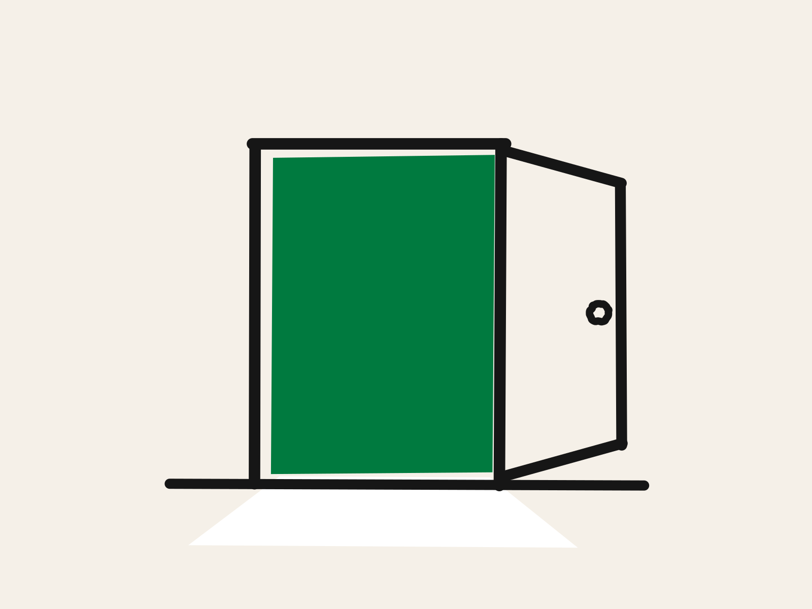 A cut-paper green doorway standing open, with a black door swung toward the viewer and white light spilling across the floor, standing for a parent keeping the easier door open.