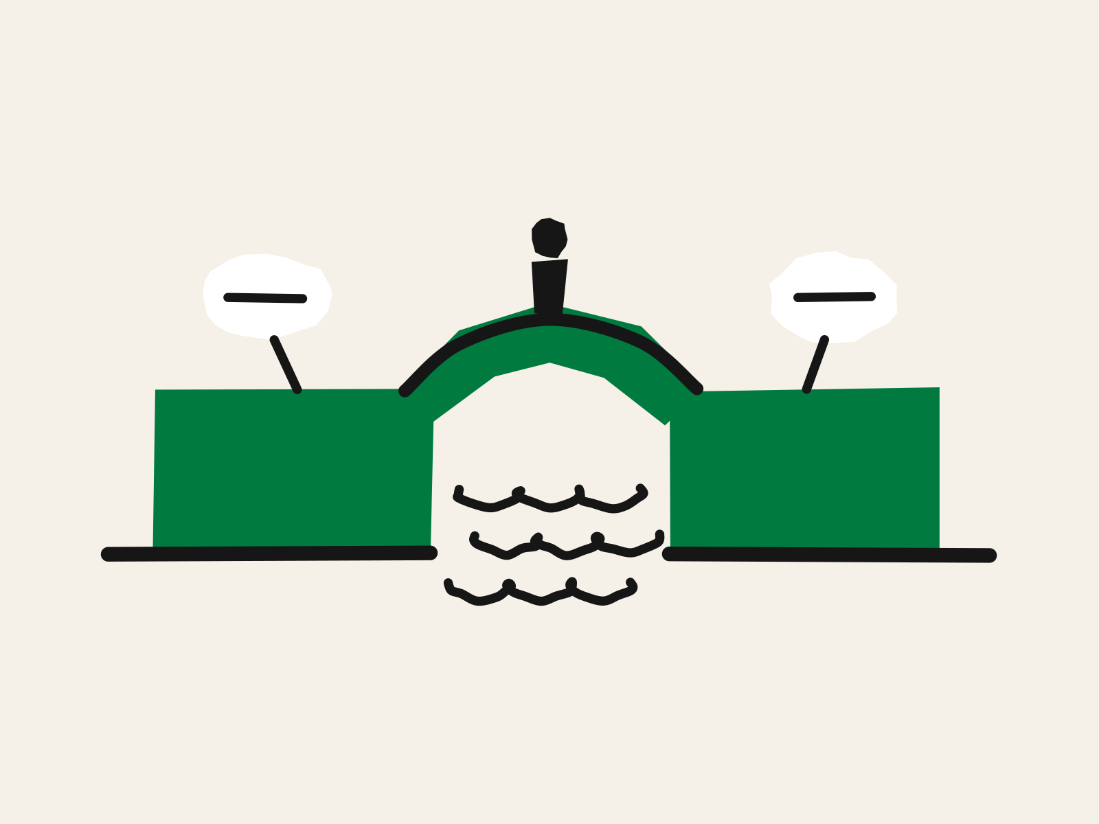 A green cut-paper bridge with a small black figure at its crown, joining two green banks, with a blank speech bubble above each bank, standing for a conversation that reaches the other side.