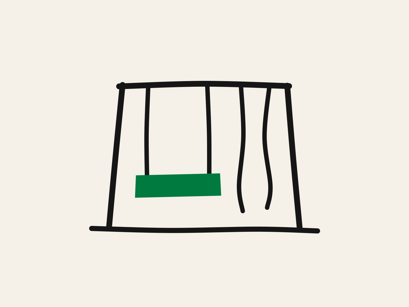 A cut-paper green swing seat hanging on one pair of black ropes, beside a second pair of ropes hanging empty, standing for the thing that stopped happening while a child was somewhere else.