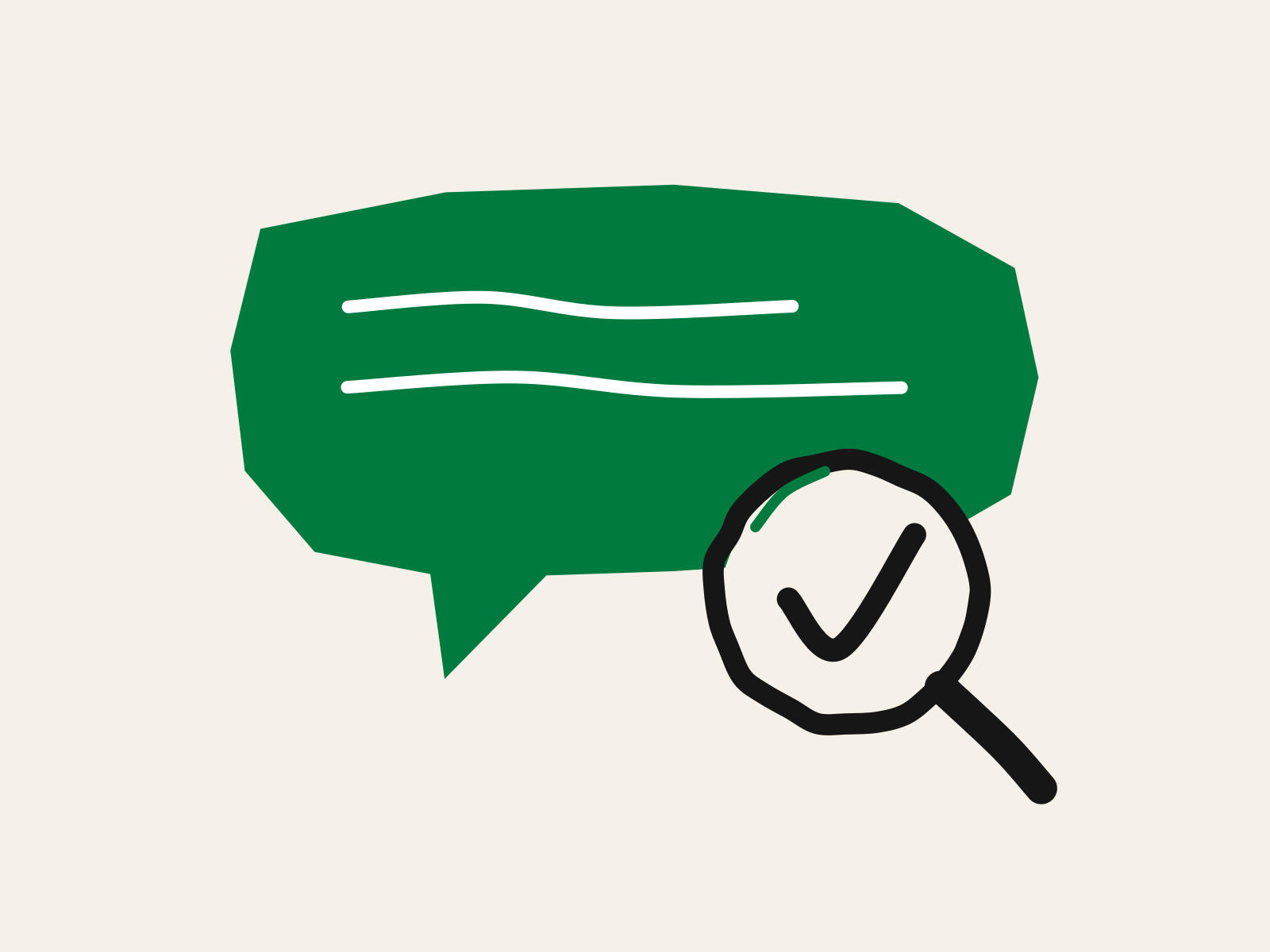 A green cut-paper speech bubble with a black magnifying glass held over its corner, a tick drawn inside the lens, standing for checking a chatbot's answer outside the chat.