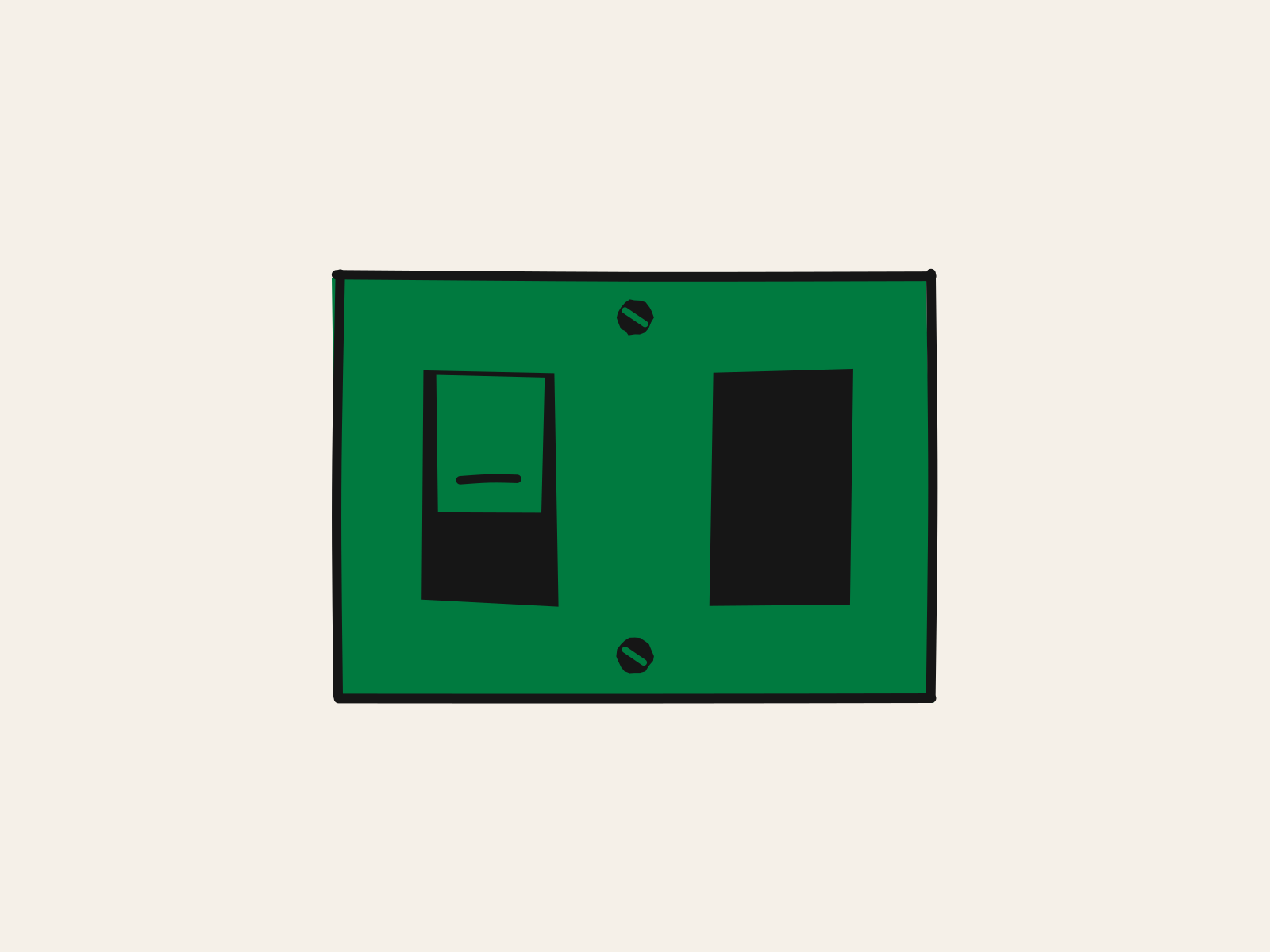 A green cut-paper wall switch plate with two slots: the left one holds a rocker switch tipped up, and the right one is an empty black opening with no switch in it at all, standing for the AI controls a parent can set and the ones the school decides.