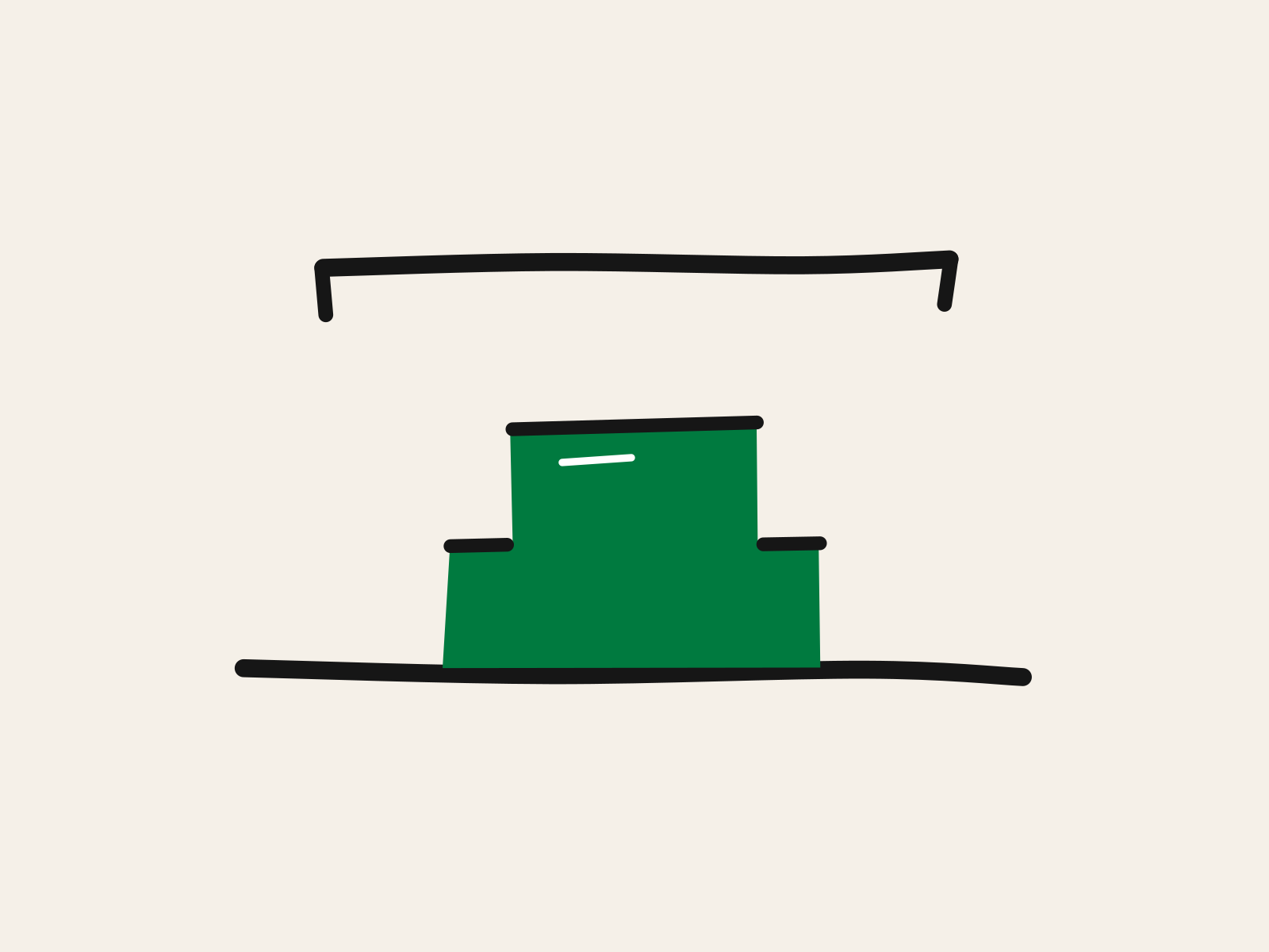 A green cut-paper step stool standing on a black floor line in front of a black counter edge drawn above it, standing for the support a child needs until they can reach the thing themselves.