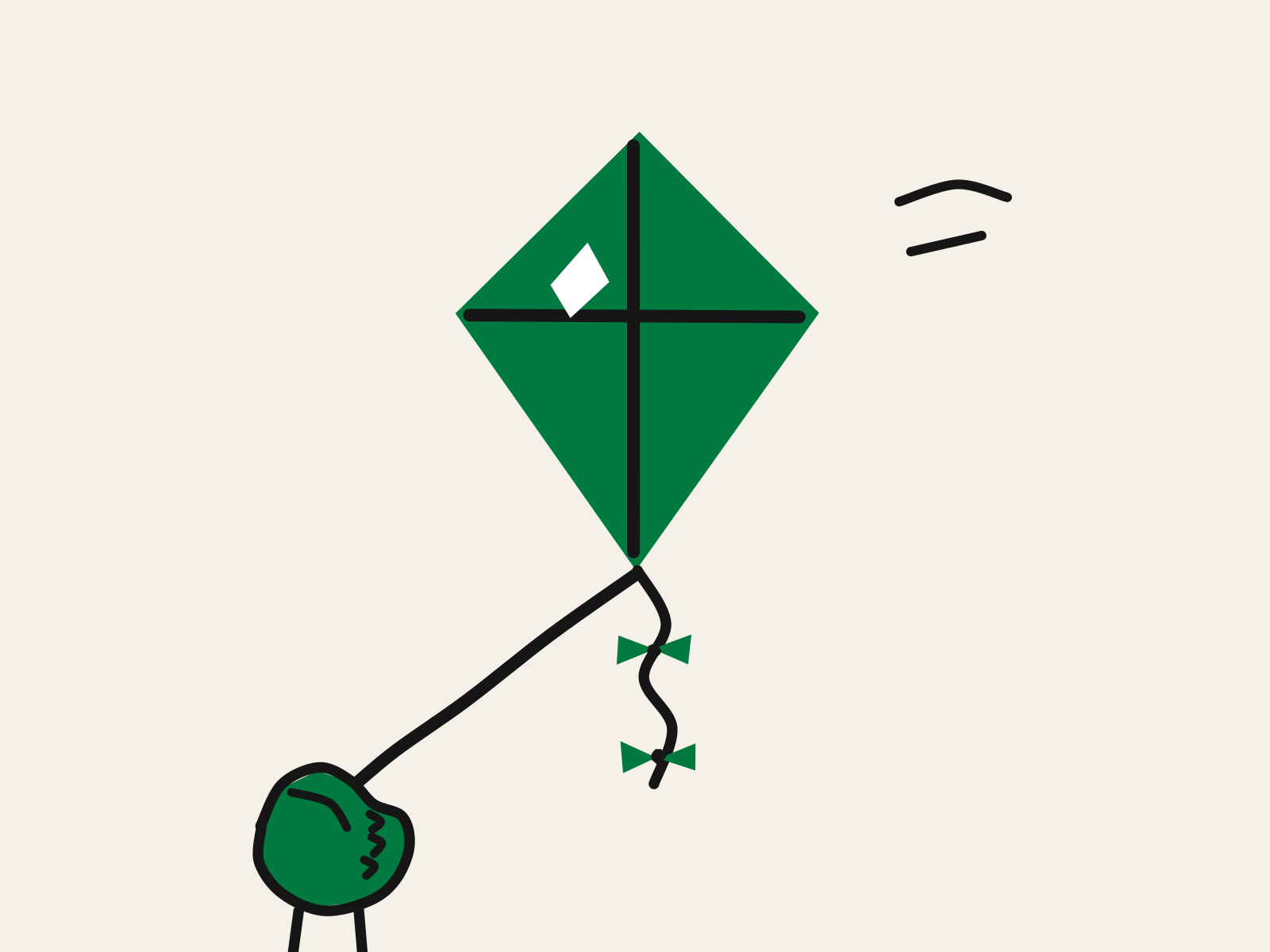 A cut-paper green kite on a long black string held in a small clenched hand, standing for a child holding on to a powerful tool with a line back to the family.