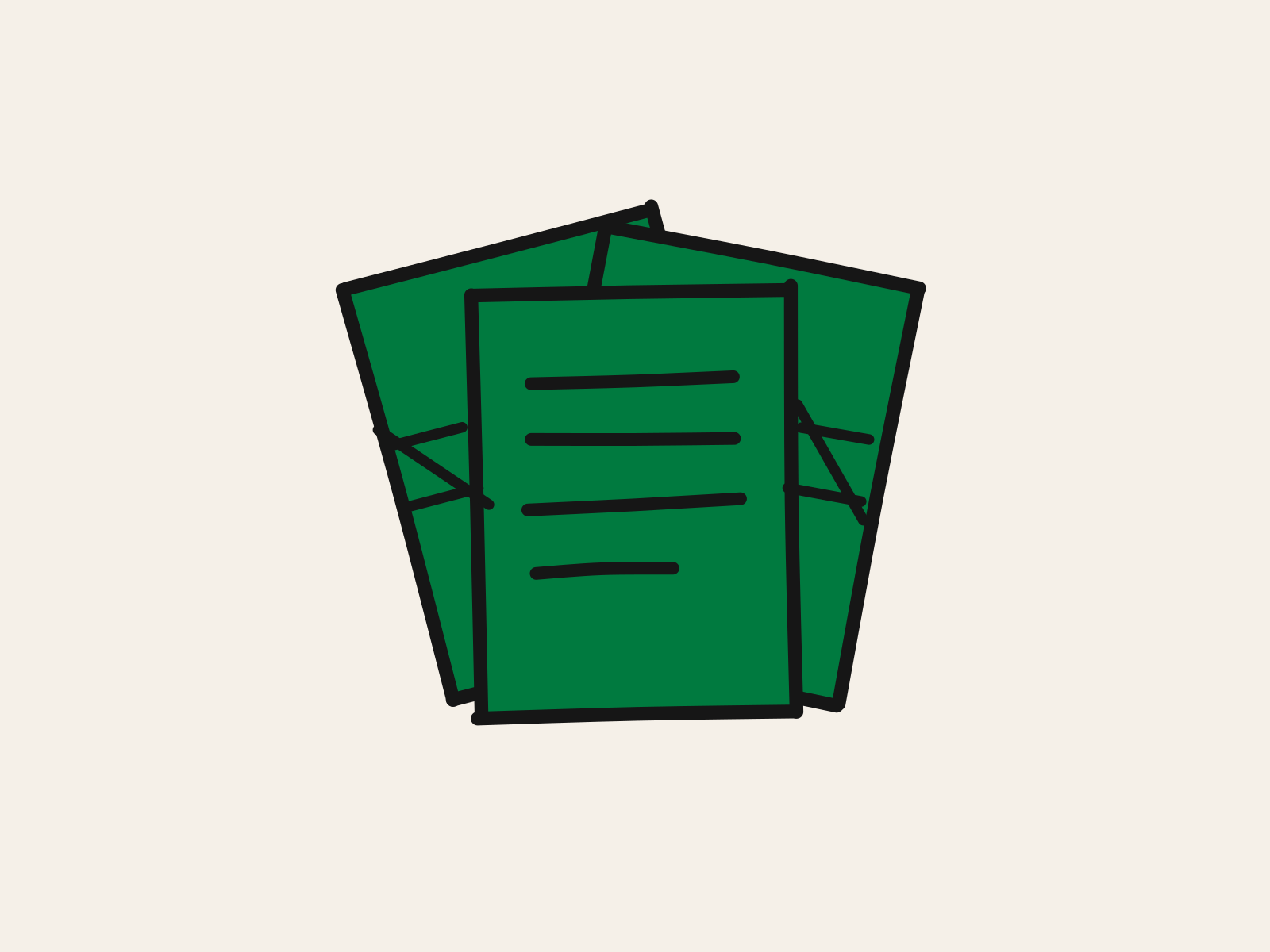 A cut-paper green sheet of paper carrying four black handwritten lines, resting on two earlier sheets whose lines are crossed out, standing for the drafts underneath a finished piece of schoolwork.