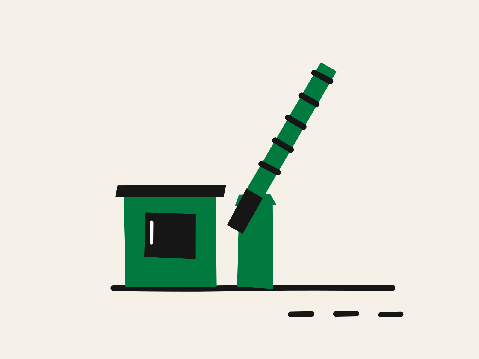 A green cut-paper gatehouse with an empty black window beside a green post and a striped barrier arm raised high, standing for an age limit with nobody minding the gate.