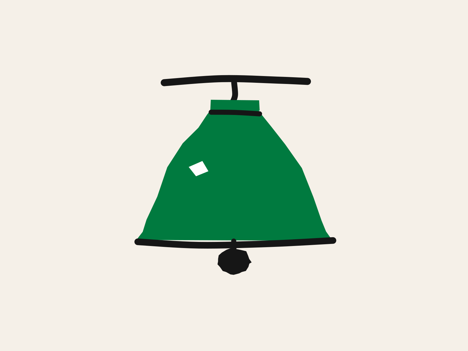 A green cut-paper bell hanging from a black ceiling bracket, its black clapper hanging dead still below the rim and no sound lines anywhere around it, standing for a safety alert that is fitted and has not gone off.