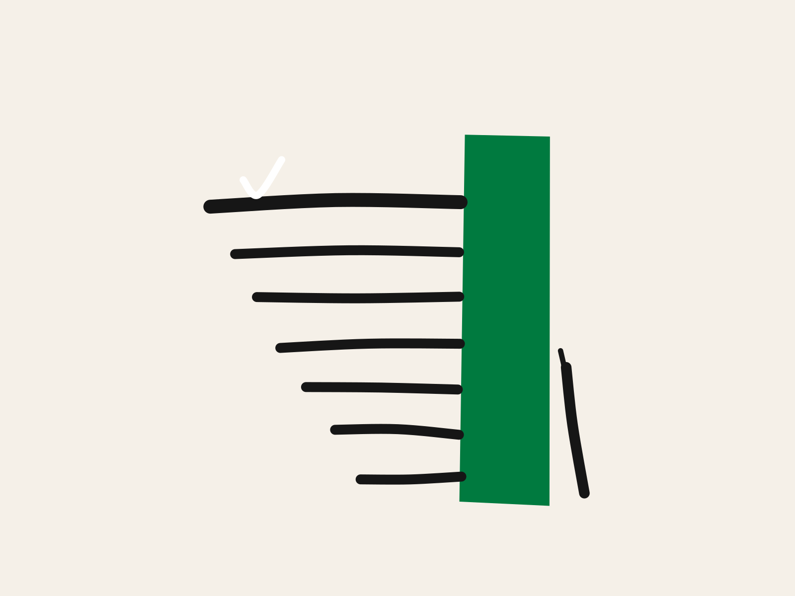 A cut-paper green doorframe marked with thick black pencil height lines that grow longer toward the top, the newest one ticked in white, with a black pencil leaning against the frame, standing for the question of which age a toy is actually right for.