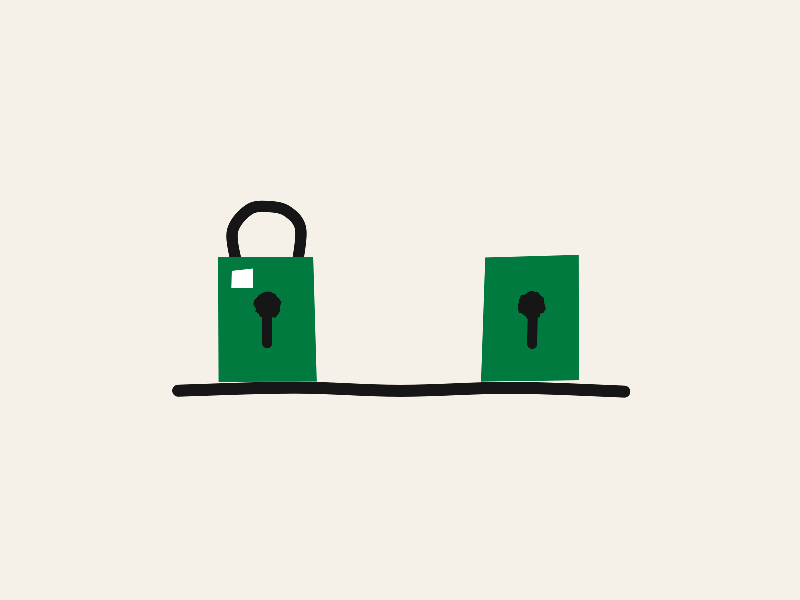 Two green cut-paper padlock bodies standing side by side on a thick black shelf line, the left one with a black shackle arched over it and a small white highlight, the right one with no shackle at all, standing for the laptop a parent can lock and the one the school decides.