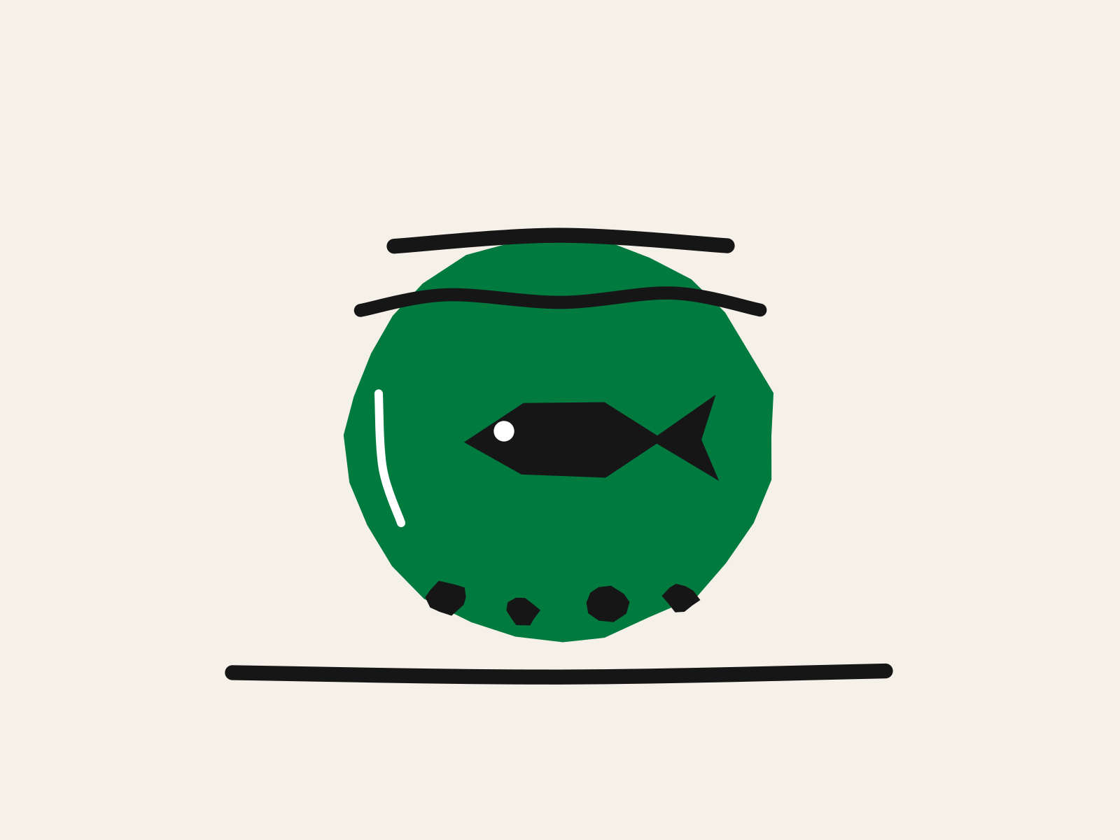 A green cut-paper fishbowl on a black shelf line with one black fish and a white eye inside it, black pebbles along the bottom and a black waterline, standing for a child's school-issued device that can be watched from outside.