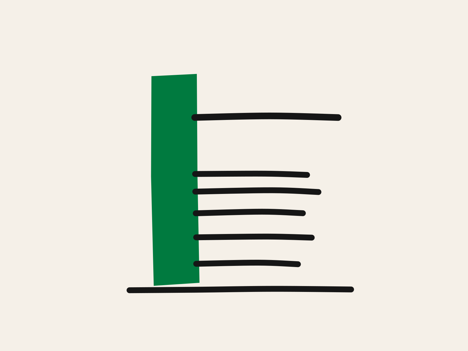 A green cut-paper growth chart on a black floor line with black pencil marks up its side, the top mark set well above the others after a gap, standing for checking what a child can now do rather than inspecting the work they handed in.