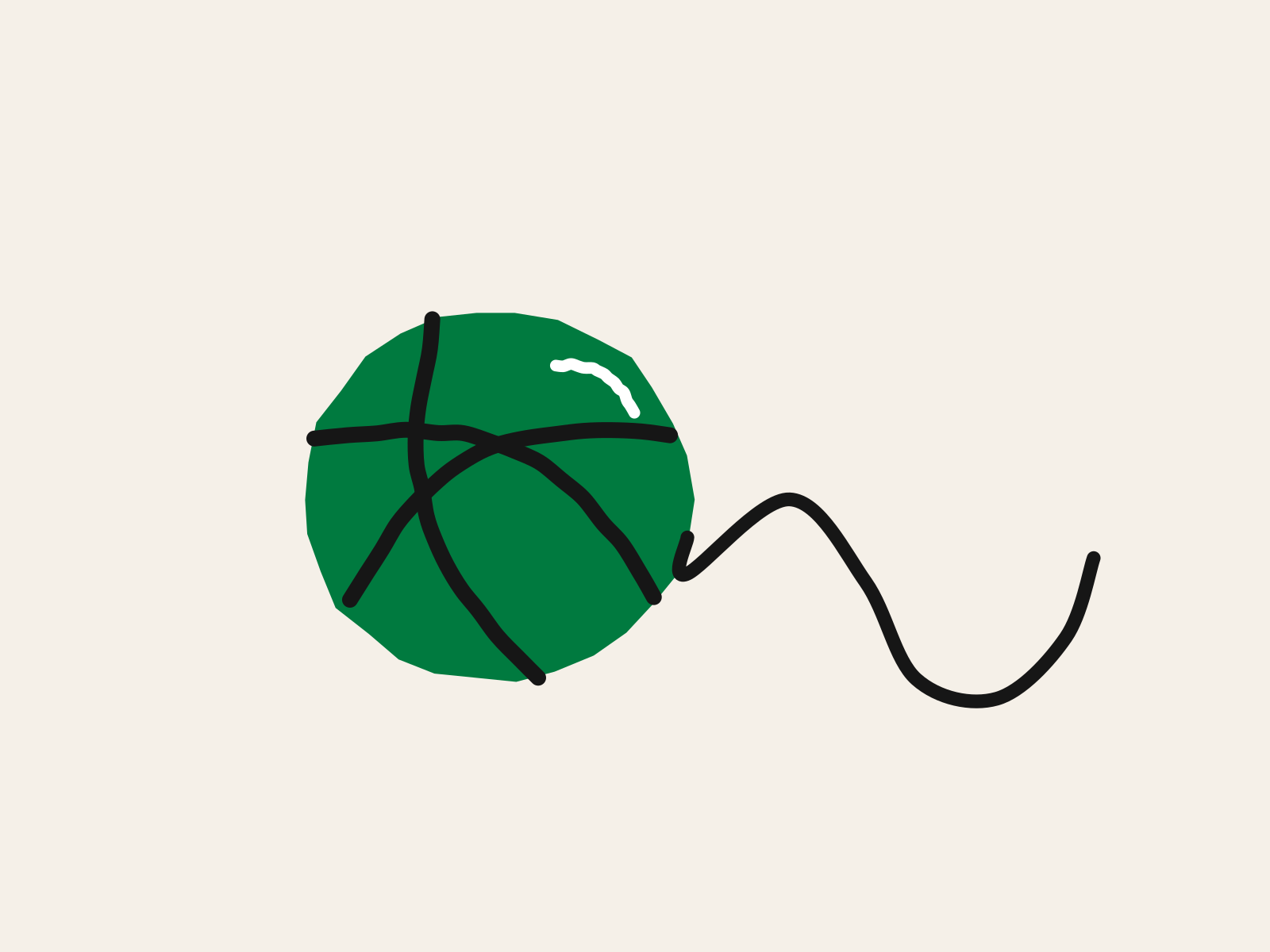 A cut-paper green ball of wool wound with thick black strands, one loose thread trailing away and curling across the page, standing for the single question that unravels a confident AI answer.