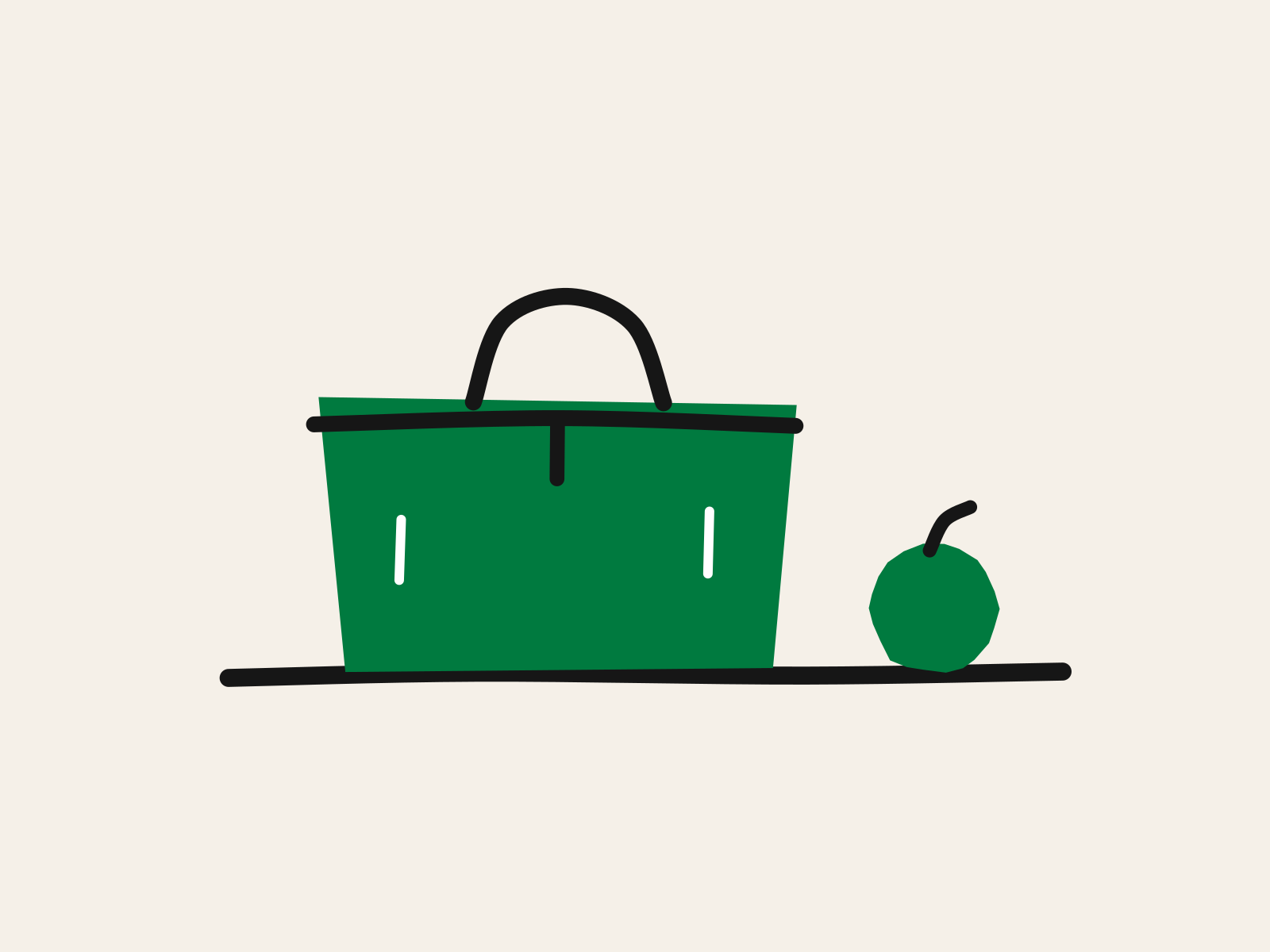 A cut-paper green lunchbox with a black handle standing closed on a counter, with one green apple left out on the counter beside it, standing for the family jobs a parent hands over and the one they keep.