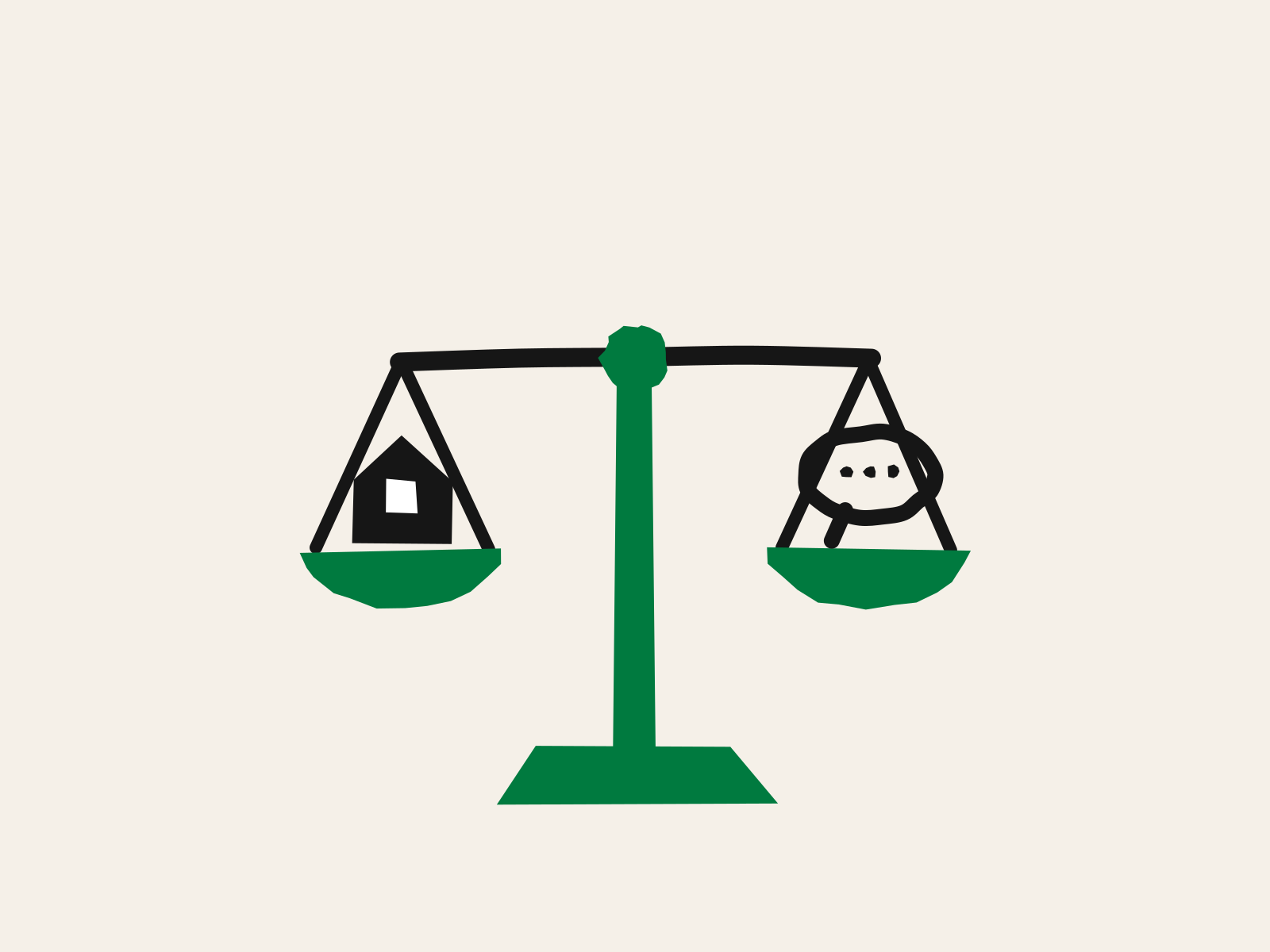 A green cut-paper balance scale with a small black house on one pan and a black speech bubble on the other, standing for a claim about a chatbot weighed against what actually happens at home.